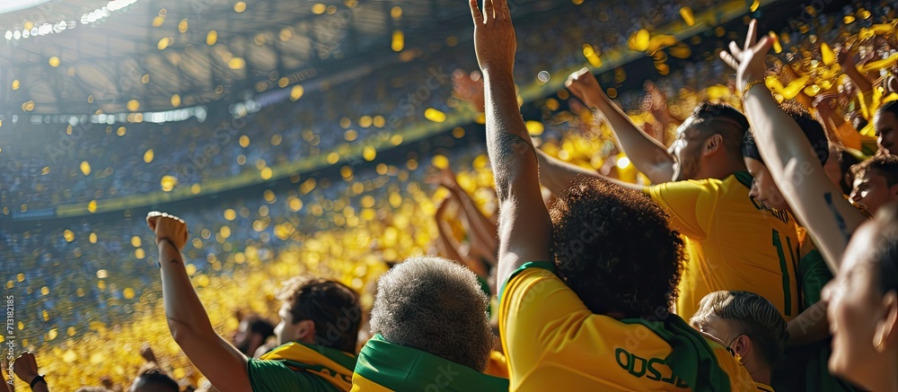 Brazilian football fans supporting their team at stadium