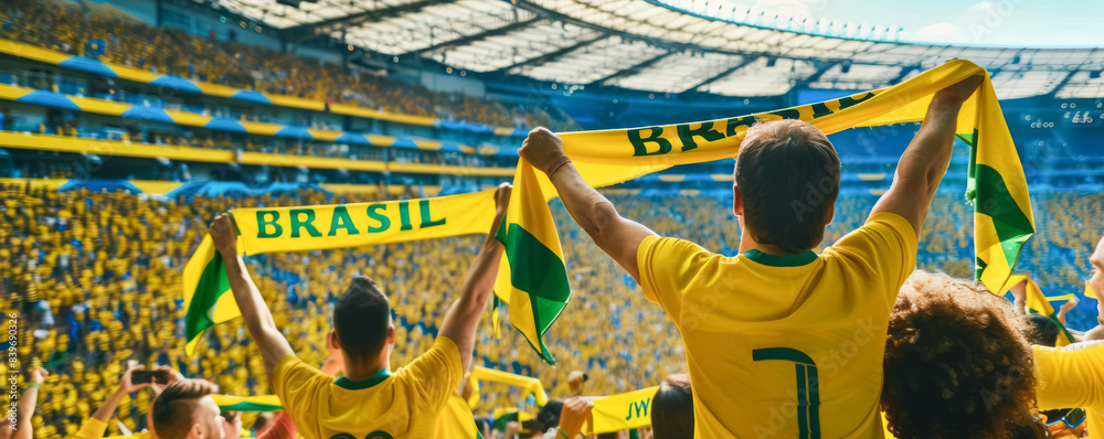 Brazilian football soccer fans in a stadium supporting the national team, Seleção